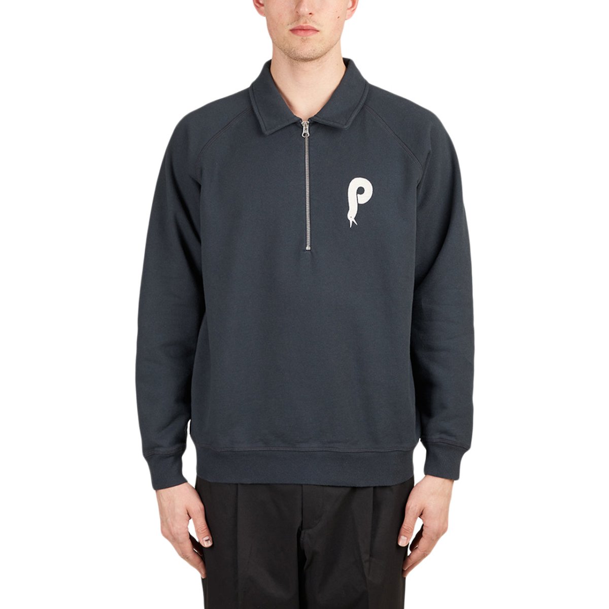 Image of Parra Bird Face Font half Zip Polo Sweatshirt (Navy)
