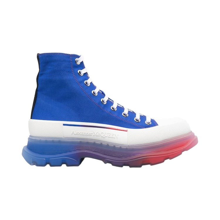 Image of Alexander McQueen Tread Slick Boot Clear Sole Gradient Electric Blue Off-White Bright Red