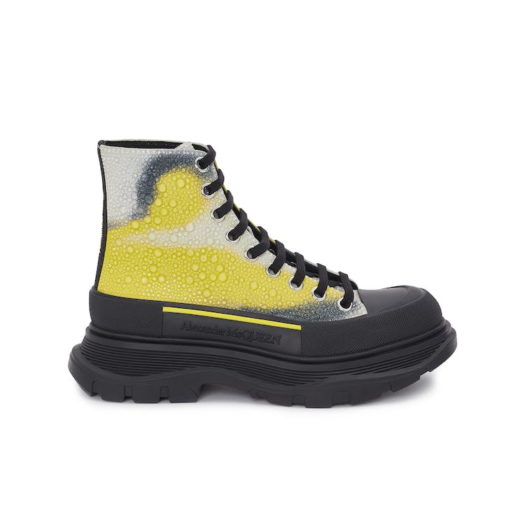 Image of Alexander McQueen Tread Slick Lace Up Boot Mushroom Spores Print Embellished Crystals White Yellow Black (W)