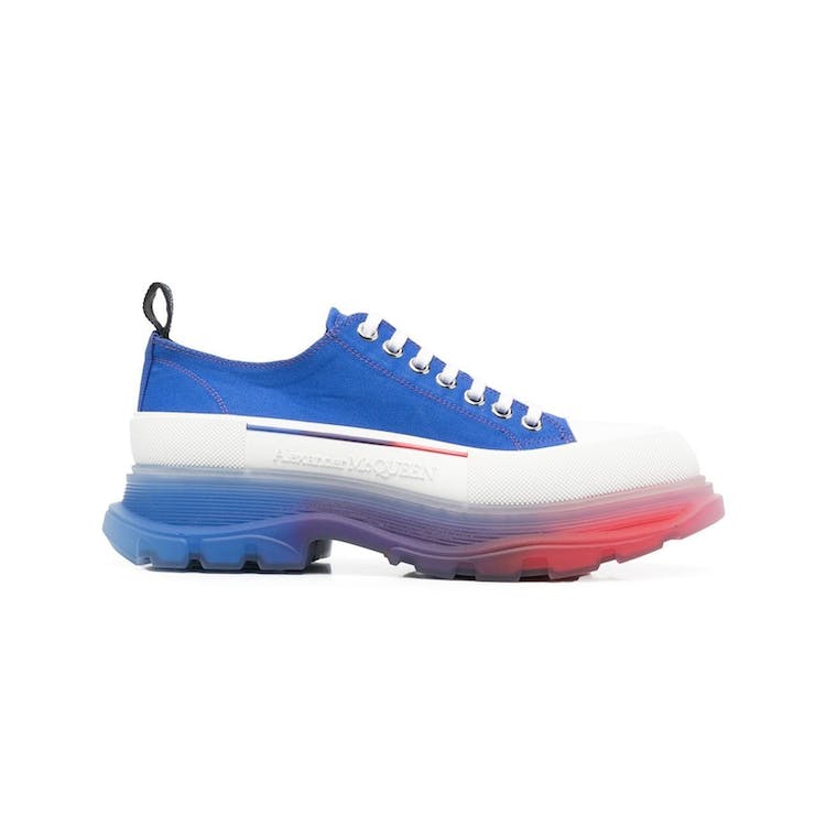 Image of Alexander McQueen Tread Slick Low Lace Up Clear Sole Gradient Electric Blue Off-White Bright Red