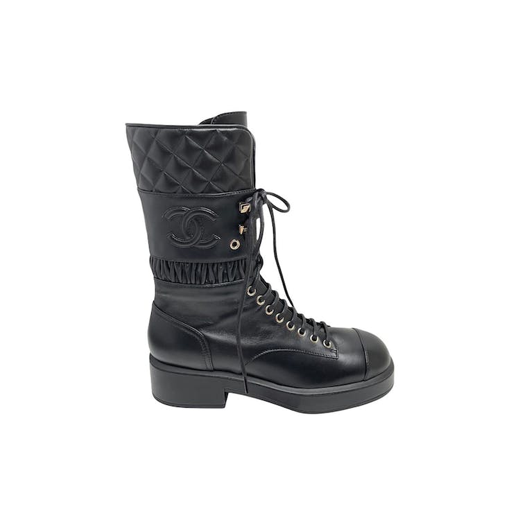 Image of Chanel Lace Ups Combat Boot Black Leather