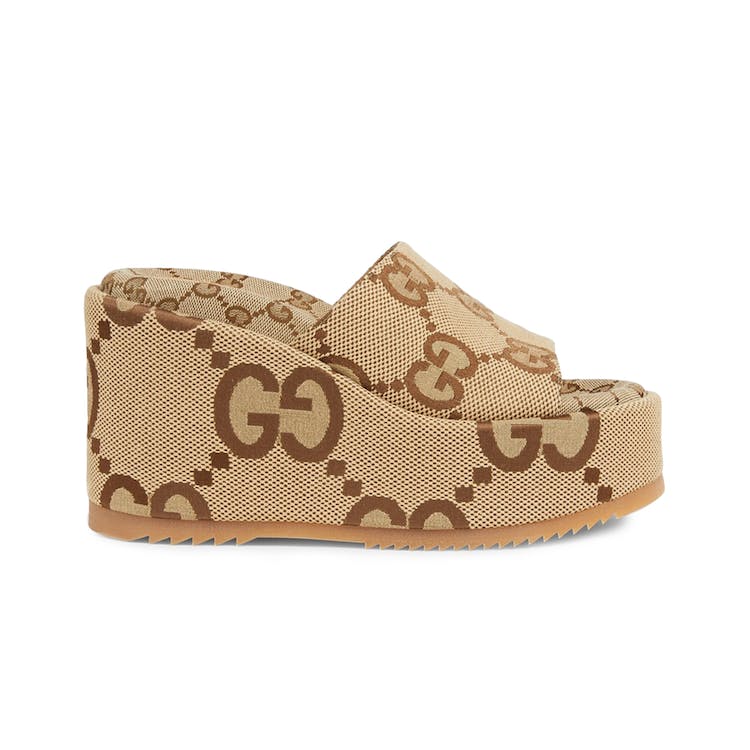 Image of Gucci Platform High Heel Slide Sandal Camel Ebony GG Maxi Canvas