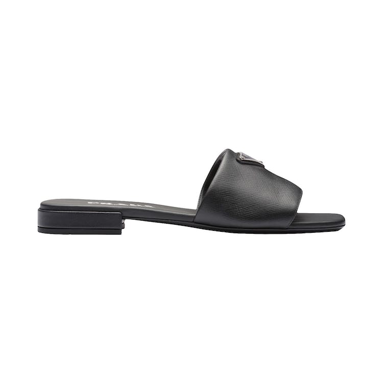 Image of Prada Logo Slide Sandals Black Saffiano Leather